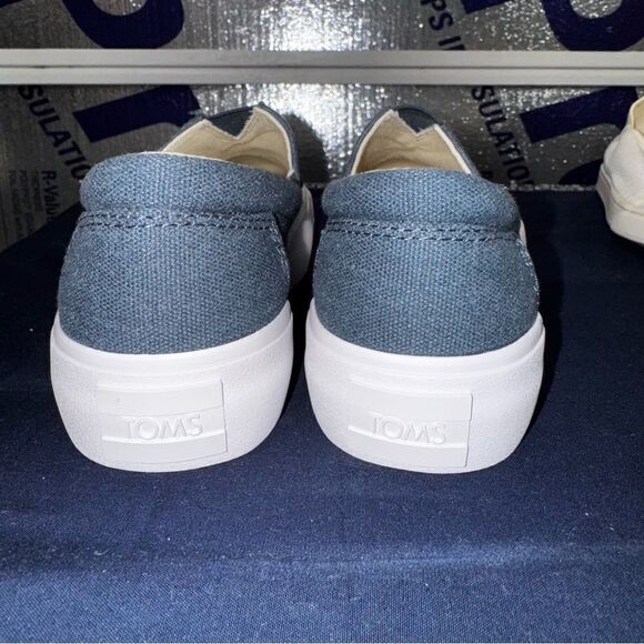 Tom’s Wear Good Dark Indigo Washed Canvas Alpargata Fenix Platform Slip Ons sz 6 - Picture 5 of 7